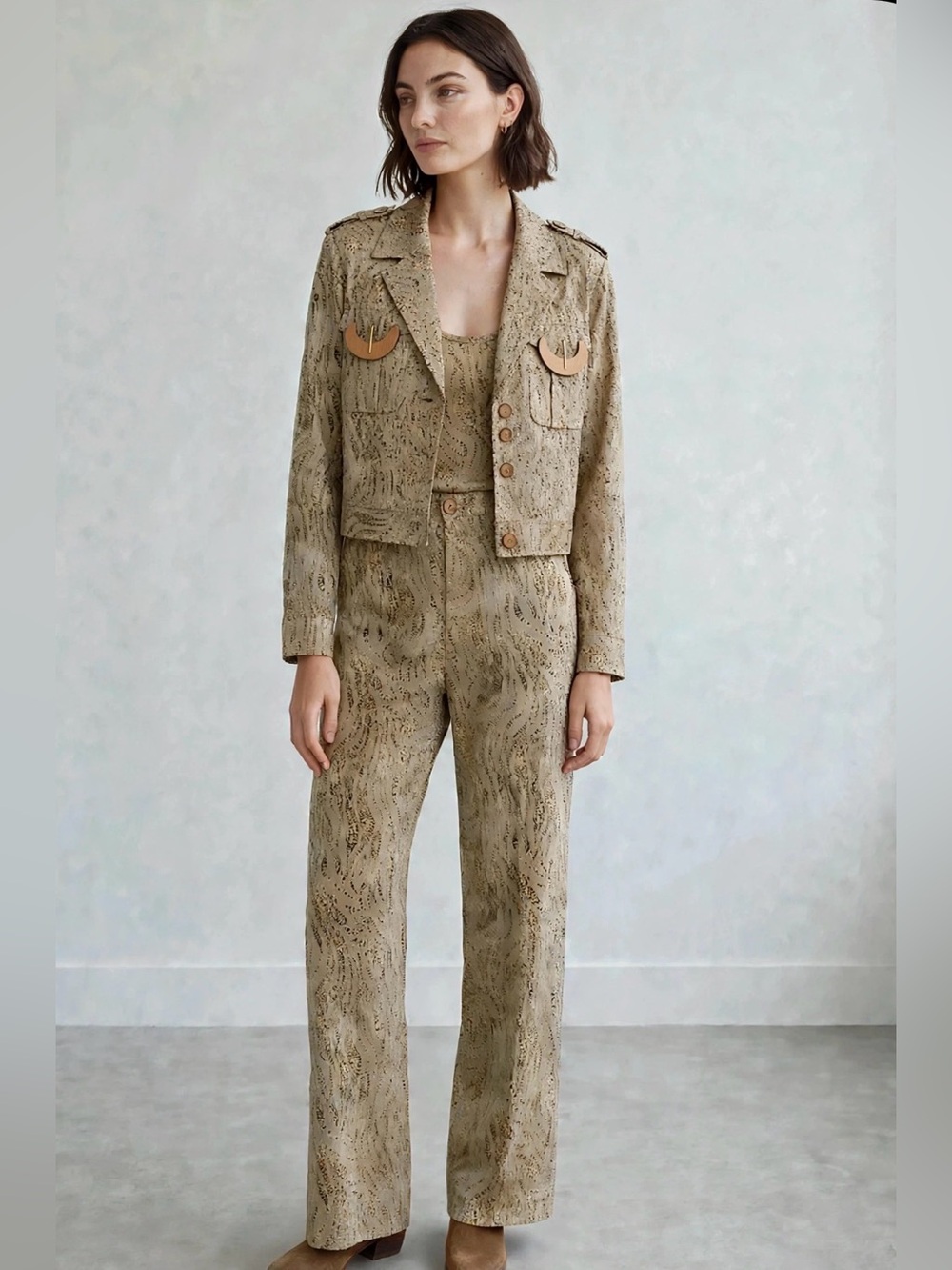 Vintage 90s Vera Cristina 3 Piece Silk Safari Suit Set Animal Print Wood Buckles